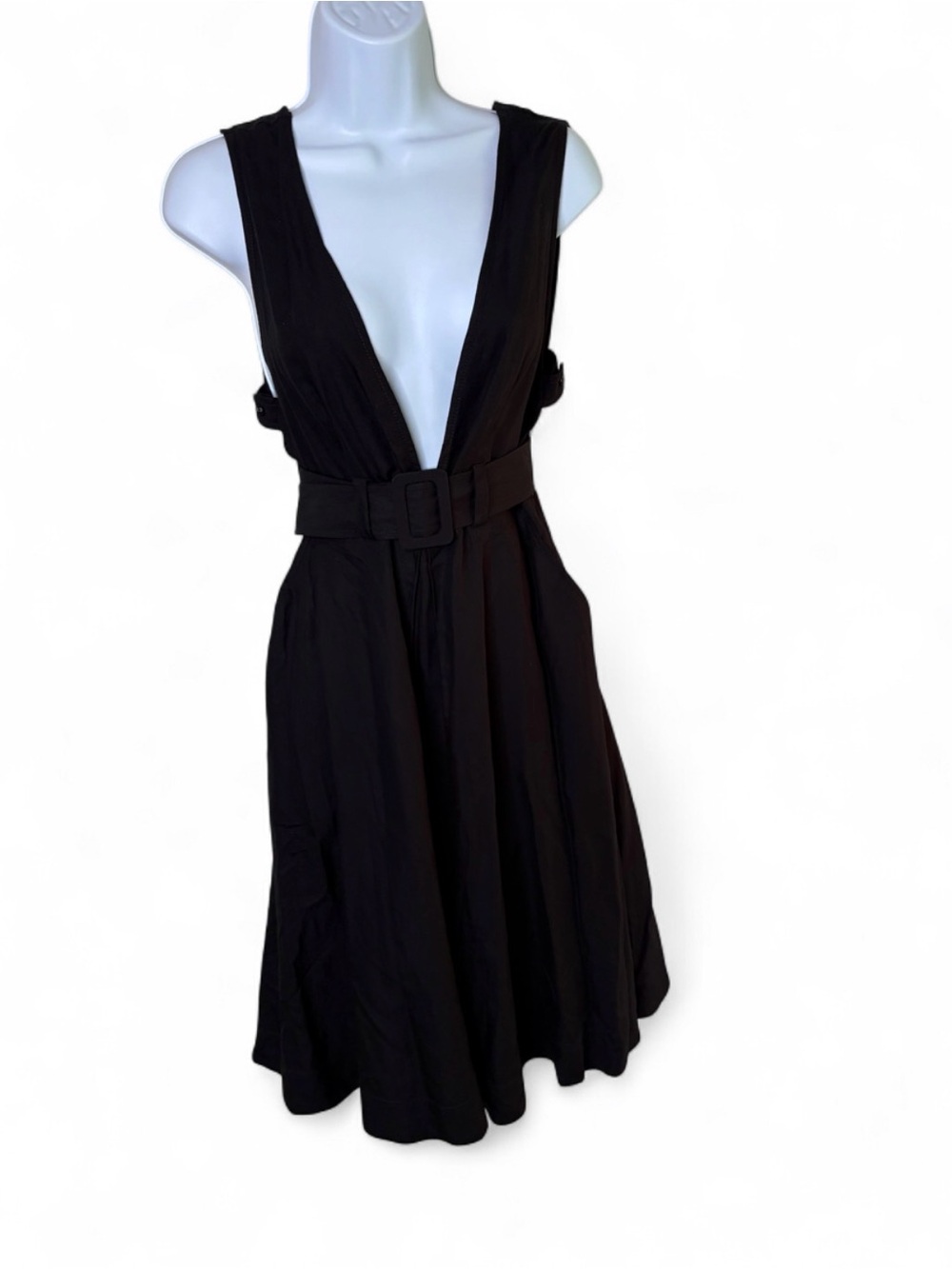 Maeve Anthropologie Plunge Deep V-Neck Belted A-Line Fit & Flare Dress Black Sz2